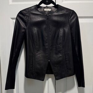 Vince black leather jacket with mixed leather and knit sleeves